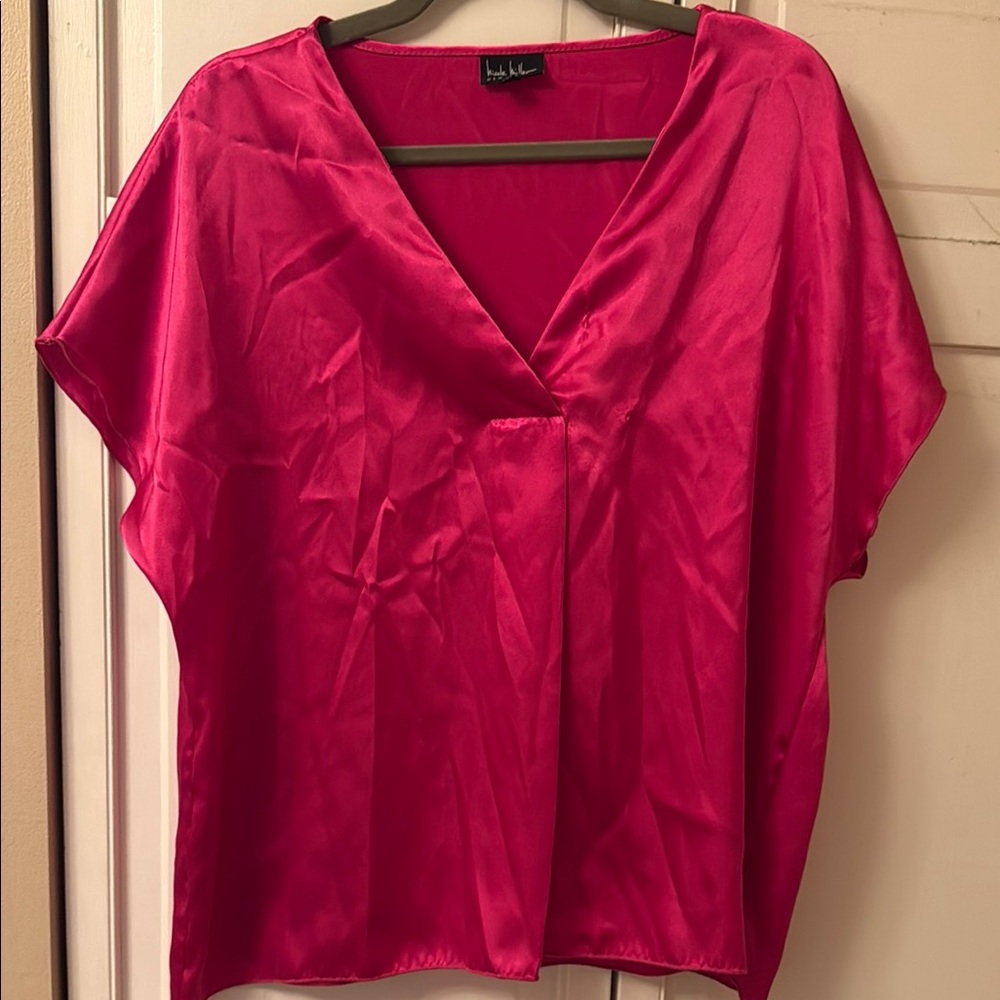 Pink Satin V-Neck Blouse